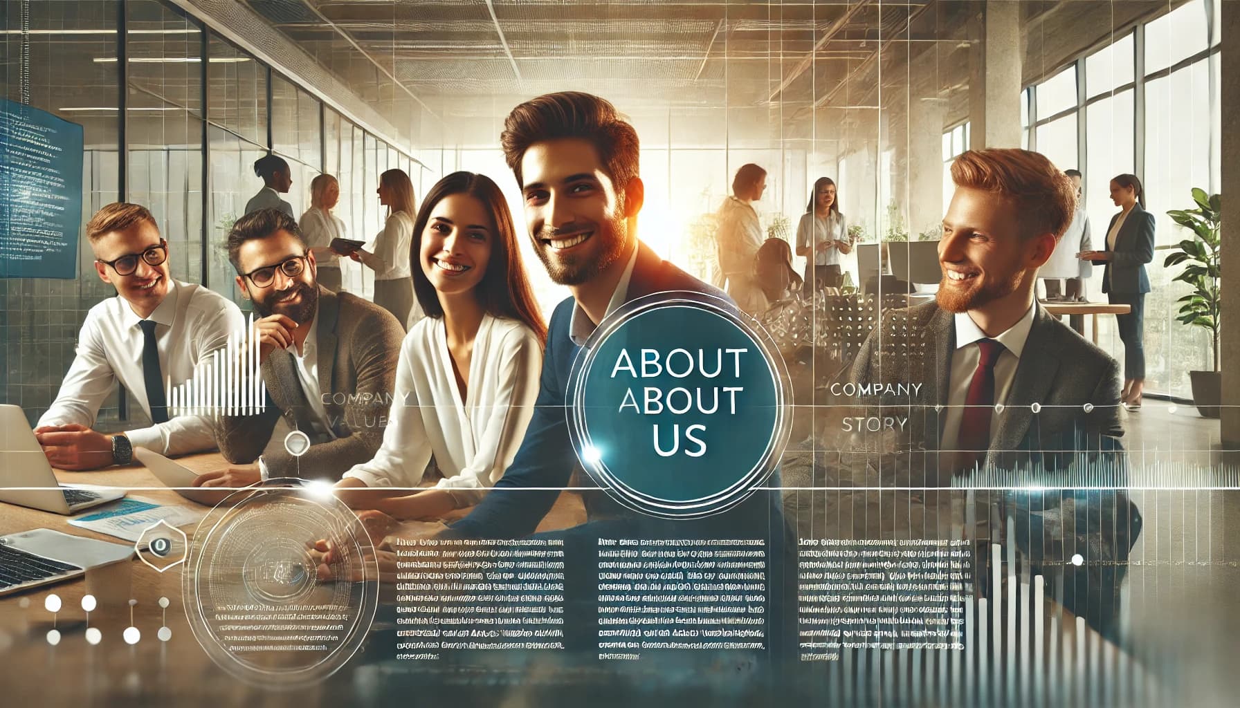 DALL·E 2025-01-13 16.06.24 - A professional and inviting About Us page image for a company. The composition includes a group of diverse, smiling professionals collaborating
